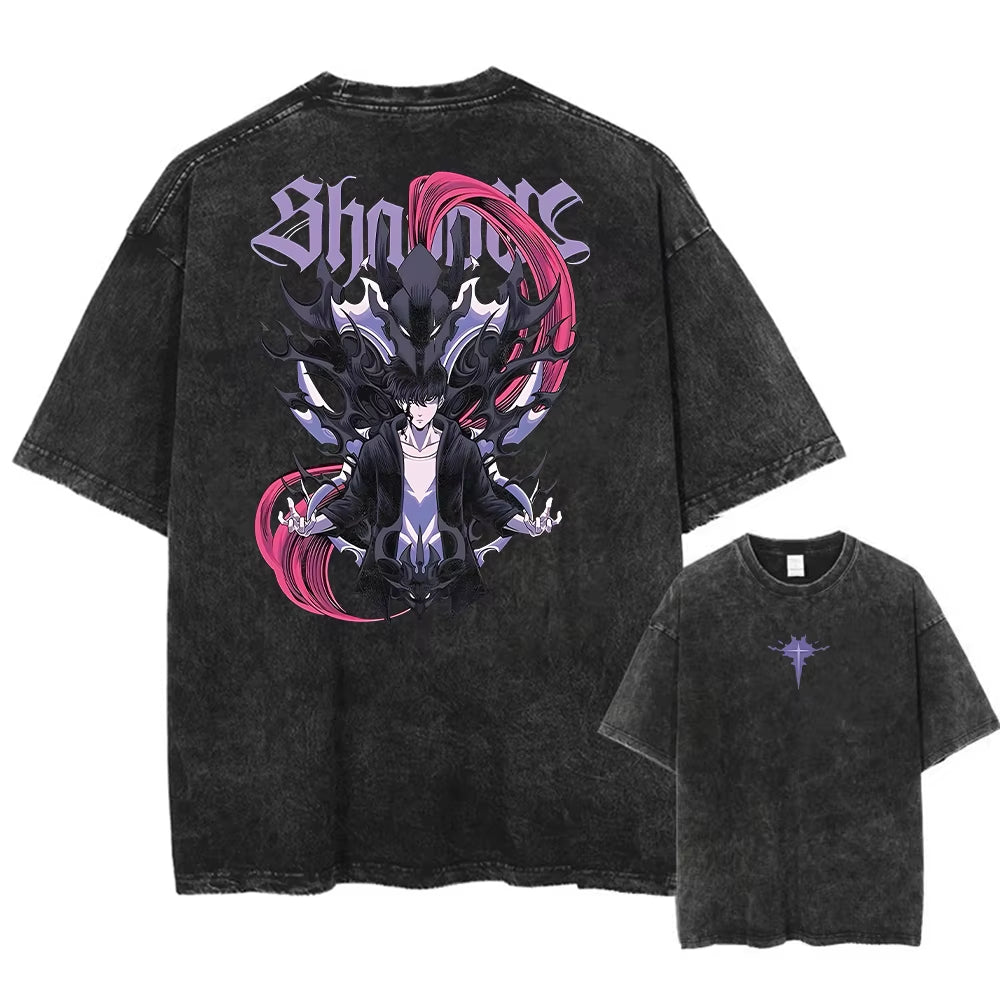 Men'S Women'S Vintage Washed Cotton T Shirt Streetwear Anime Solo Leveling Graphic Print Tops Harajuku Loose Short Sleeve Tees