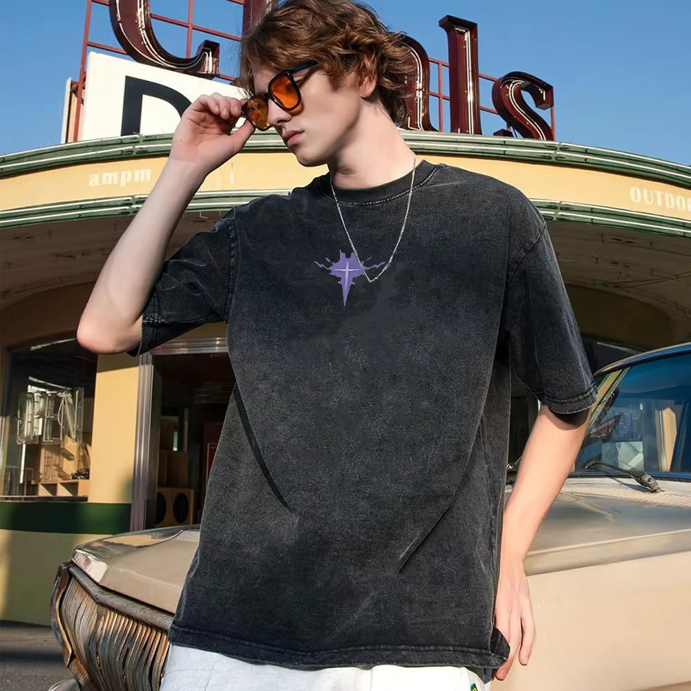 Men'S Women'S Vintage Washed Cotton T Shirt Streetwear Anime Solo Leveling Graphic Print Tops Harajuku Loose Short Sleeve Tees