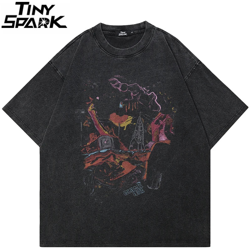 Hip Hop Oversize Washed T-Shirt Streetwear Harajuku Graffiti Graphic Printed T Shirt 2025 Men Spring Summer Short Sleeve Tshirt