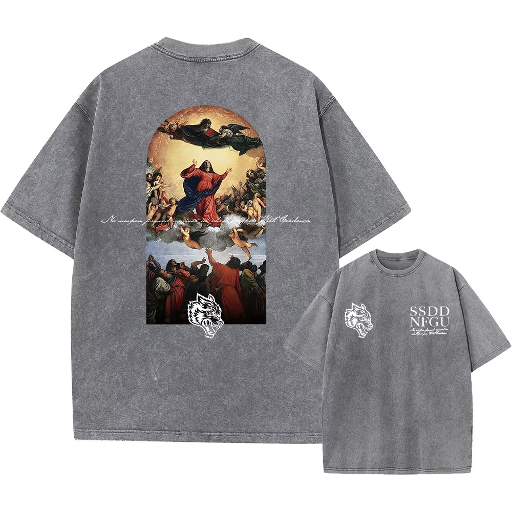 Men's Vintage Printed Acid Wash T-Shirt - Casual Cotton Short Sleeve Hip Hop Retro Punk Style