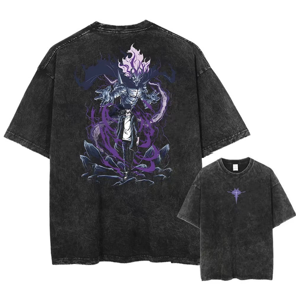Men'S Women'S Vintage Washed Cotton T Shirt Streetwear Anime Solo Leveling Graphic Print Tops Harajuku Loose Short Sleeve Tees