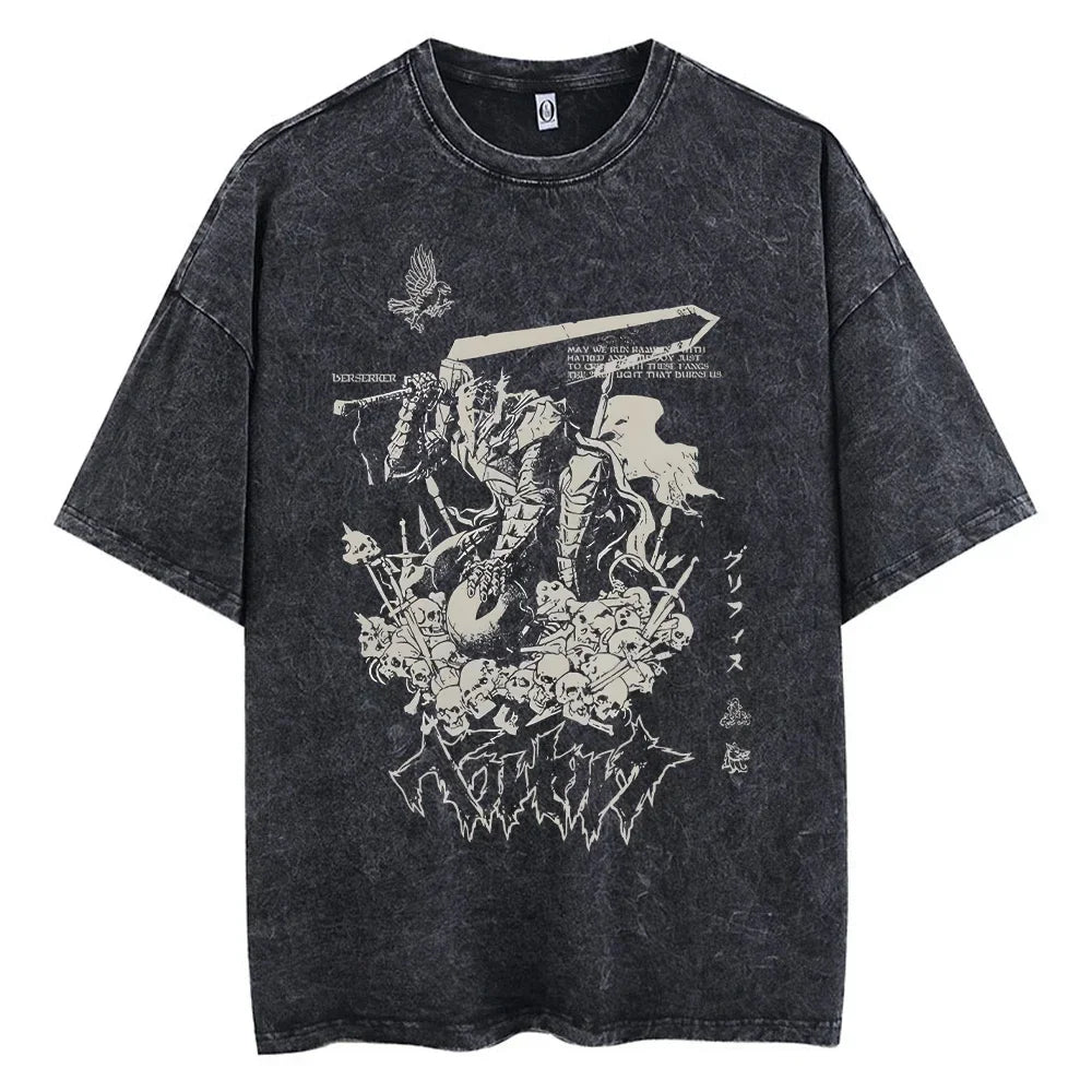 Vintage Washed Berserk Graphic T-Shirt for Men - Anime Guts Design - Hip Hop Streetwear Summer Casual Apparel